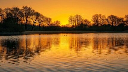 Fototapeta premium A serene lake reflecting the golden hues of a setting sun, with silhouettes of trees along the shoreline