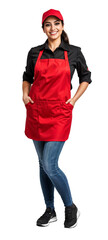 Fast Food Restaurand Angestellte / Arbeiterin, isoliert, freigestellt ohne Hintergrund - h&uuml;bsche l&auml;chelnde junge br&uuml;nette Frau mit roter Sch&uuml;rze und roter M&uuml;tze