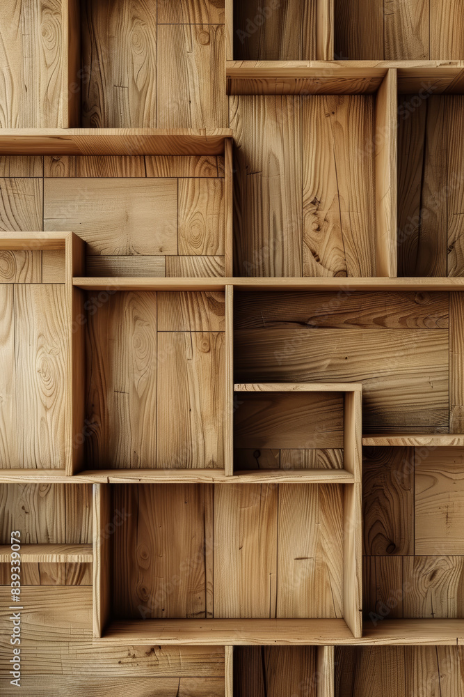 Poster wooden shelves with intricate patterns and grain details forming an abstract geometric design, creat