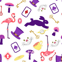 Alice in Wonderland pattern: rabbit, Cheshire cat, flamingo, cards, hat, keys cup mushrooms clock and roses