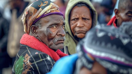 Fototapeta premium An image of people queuing for food or clothing at a charity or church. Their expressions of weariness and impatience reflect the hard life on the streets. --no text --ar 16:9 --quality 0.5 Job ID