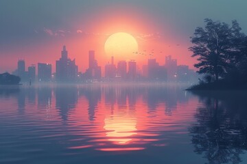 Naklejka premium The sun rises behind a peaceful city skyline, with its reflection shimmering across the still water of a river or lake