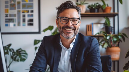 A photo of an attractive man in his late thirties with glasses and short beard, wearing suit sitting at the desk behind computer screen looking into camera smiling. He is well groomed, confident and