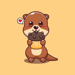 Cute otter with cup cake cartoon vector illustration.