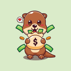 Cute otter with money bag cartoon vector illustration.