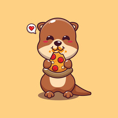 Cute otter eating pizza cartoon vector illustration.