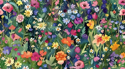 Miniature watercolor wildflowers in a vibrant, seamless meadow design