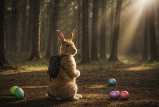 Osterhase mit Rucksack und Ostereiern sitzt im Wald