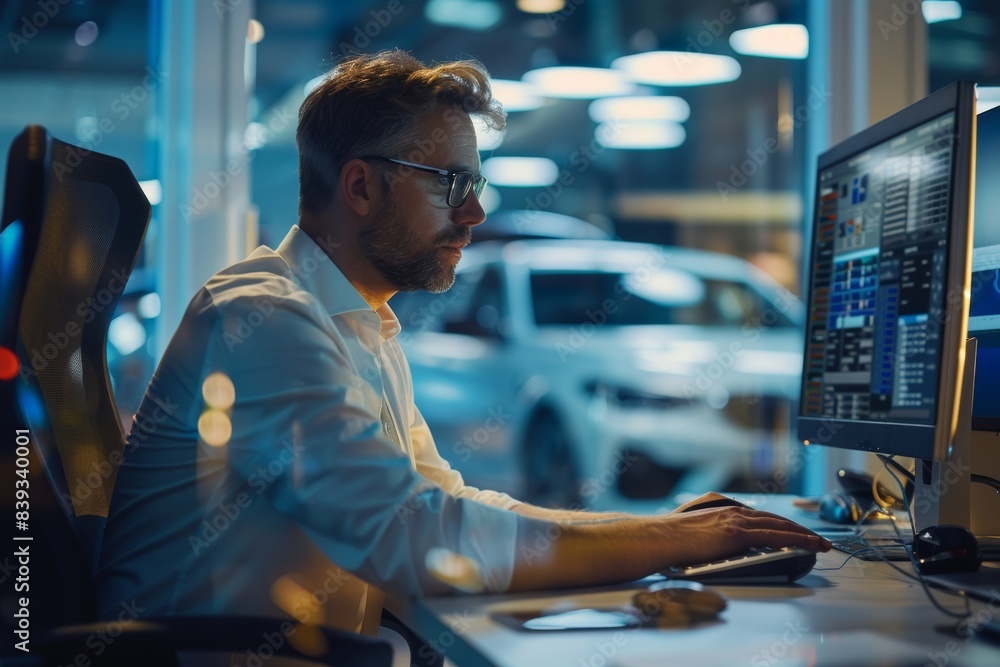 Poster service advisor working on computer system in auto repair office with car in background