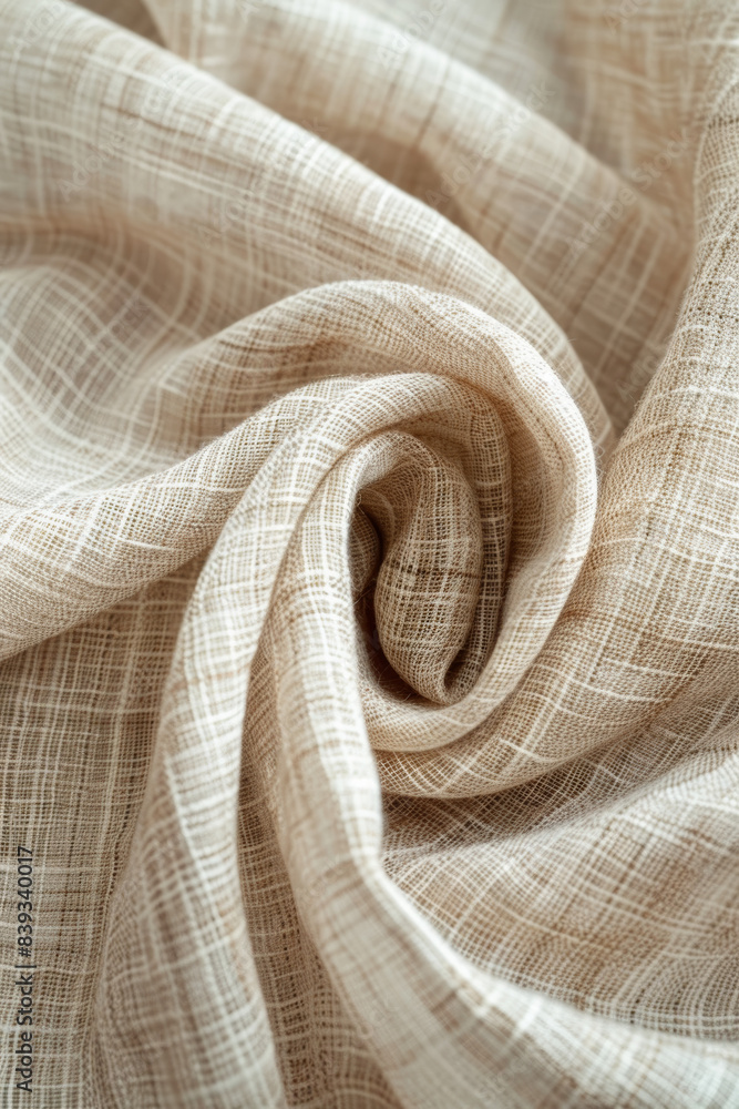 Poster close-up of a folded beige linen fabric with a textured pattern, creating a spiral shape. perfect fo