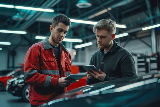 Service Advisor Explaining Car Maintenance Details to Customer in Modern Car Service Facility