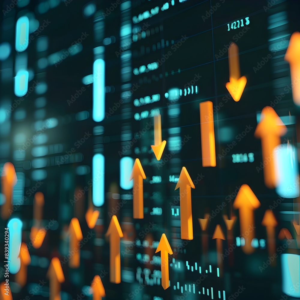 Poster upward trending digital index graph with 3d rendered arrows visualizing financial data and market