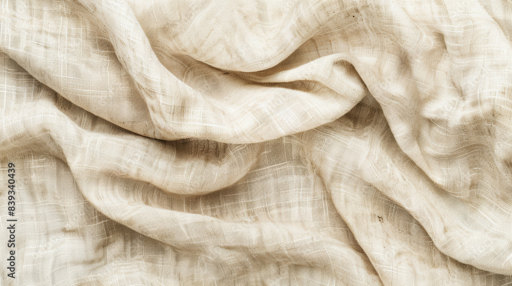 Poster close-up of soft, crumpled beige fabric with subtle texture and delicate folds, perfect for backgrou