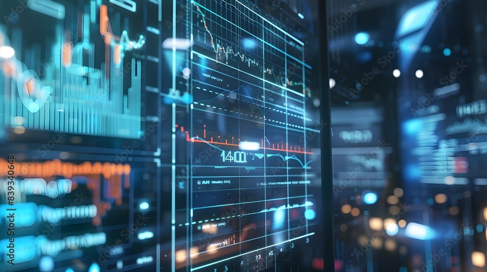 Poster macro photograph of a computer screen displaying real time data and financial analytics