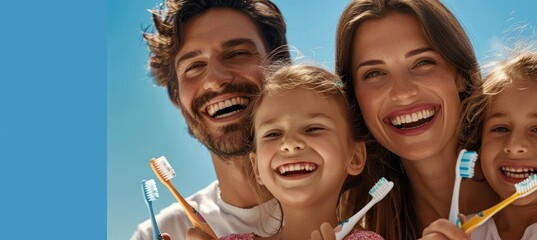 Smiling Family Enjoying Brushing Teeth Together, Perfect for Dental Health Campaign Posters