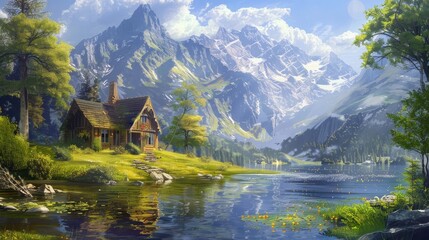 Obraz premium tranquil house nestled in mountains near serene lake idyllic nature landscape aigenerated digital painting