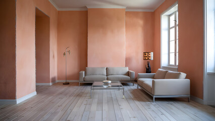 Fototapeta premium minimal interior Livingroom, featuring soft peach-colored fuzz covering the floor and walls, empty room