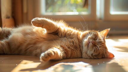 A smiling fat cat lying on its back, paws up, in a sunny spot on a wooden floor, looking completely relaxed
