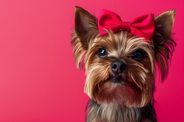 Portrait of a dog on a vivid pink background.