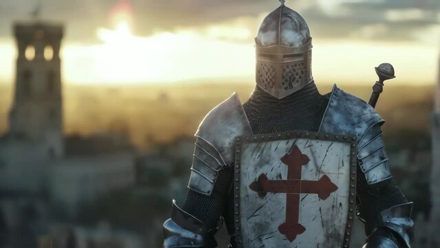 Templar crusader night wearing full armor, medieval times, holy city background, cross on chest, 4k hd video