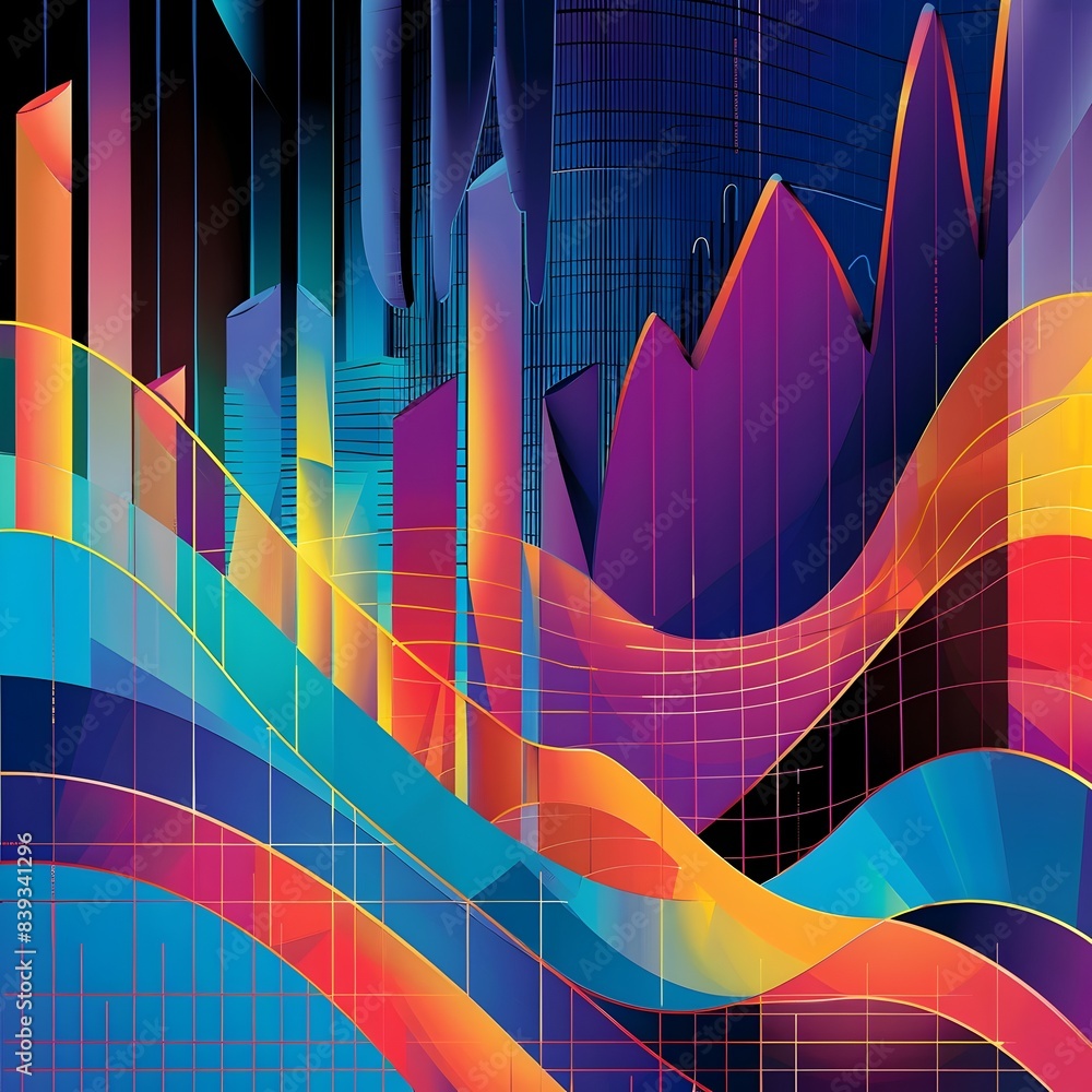Poster captivating colorful morphing index chart transforming into a rising bar graph visualization