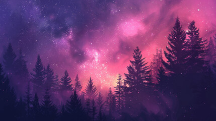 Fototapeta premium Magical night sky with vibrant purple and pink hues illuminating dense forest silhouette, perfect for fantasy and nature themes.