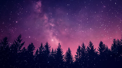 Scenic view of a starry night sky with a vibrant purple hue, framed by the silhouette of tall pine trees. A serene and enchanting outdoor nightscape.