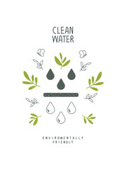 Сartoon hand drawn sketch of clean water. Illustration of Environmentally friendly planet. Save water Poster.Think Green. Protect the World