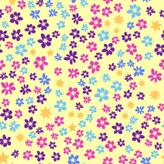 Ditsy floral seamless pattern. Flowers and stars pattern, lavender and pink.