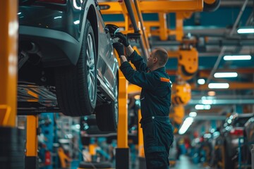 Fototapeta premium Thorough Auto Inspection at Modern Vehicle Service Station - Efficient Car Maintenance Check