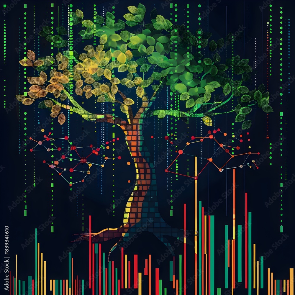 Poster conceptual of a index visualized as a flourishing tree with branching sectors of the digital economy