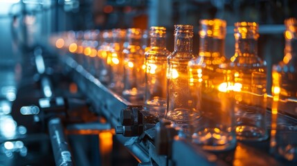 A line of glass jars are being filled with a liquid