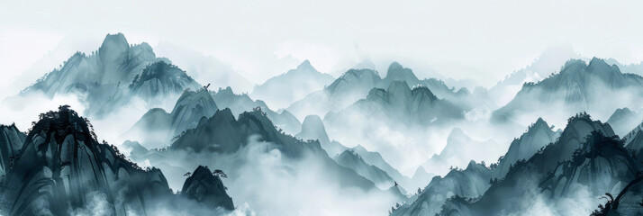 Misty Chinese mountain landscape with flying birds