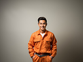 Fototapeta premium A joyful Asian man in orange and white clothes against an isolated background