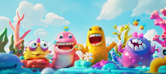 Obraz premium Colorful Kids Dental Care Ad with Fun and Engaging Characters in Vibrant Underwater Scene