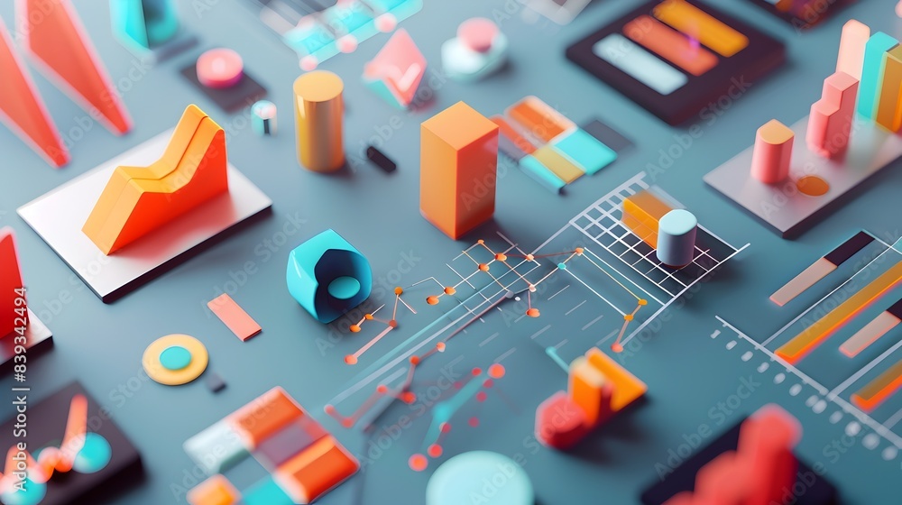 Poster minimalist 3d rendered icons representing key factors influencing index data and analysis