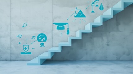 An image of a staircase with symbols of education and achievement on the steps to highlight the ascent to success through learning and self-development --no text --ar 16:9 --quality 0.5 Job ID