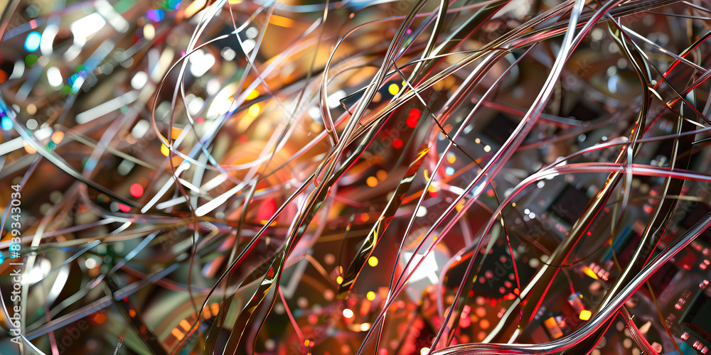 Poster the synthetic substrate: a tangled mess of wires and circuit boards, gleaming against a metallic bac