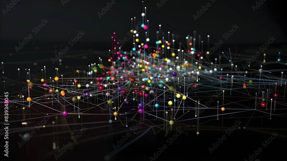 Poster conceptual 3d of a futuristic market network with interconnected nodes