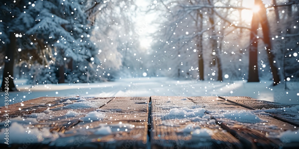 Poster wooden table with snow falling on it in a snowy forest with trees and snowflakes on the ground