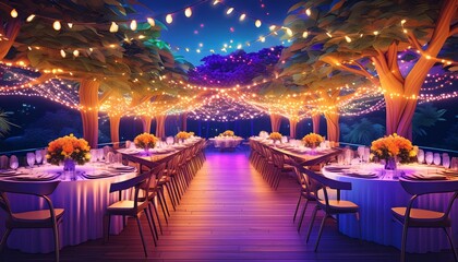 A beautifully decorated outdoor dining area with string lights and elegant table settings, perfect for a night event or celebration.