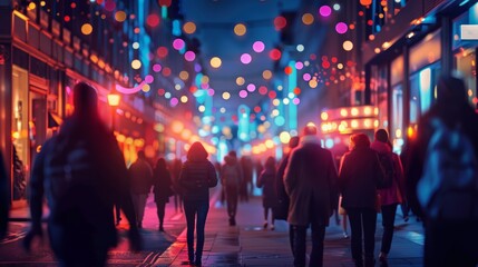 Naklejka premium Urban Nightlife: energetic urban nightlife scene with bustling streets, vibrant lights, and lively crowds, perfect for entertainment promotions