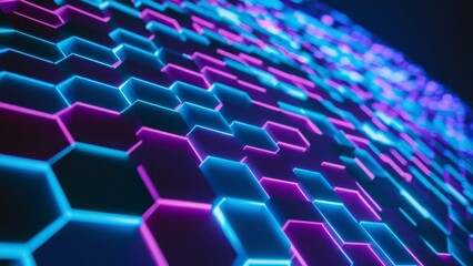 Obraz premium futuristic scene featuring a vibrant neon hexagon pattern stretching across the background. The hexagons in various shades of blue, purple, and pink pulse and shift