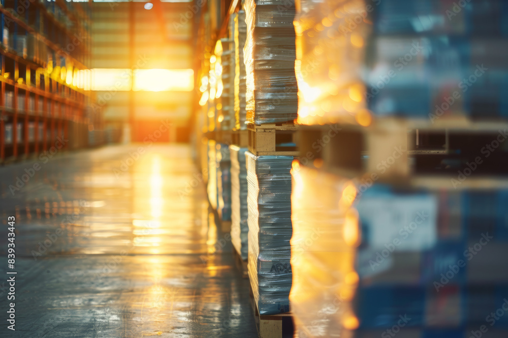 Poster sunlight shining through a warehouse filled with stacked pallets, creating a warm and vibrant atmosp