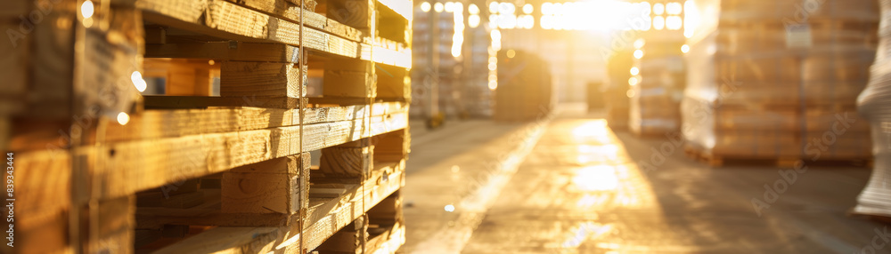 Poster sunlight streams through a spacious warehouse, illuminating stacks of wooden pallets and creating a 