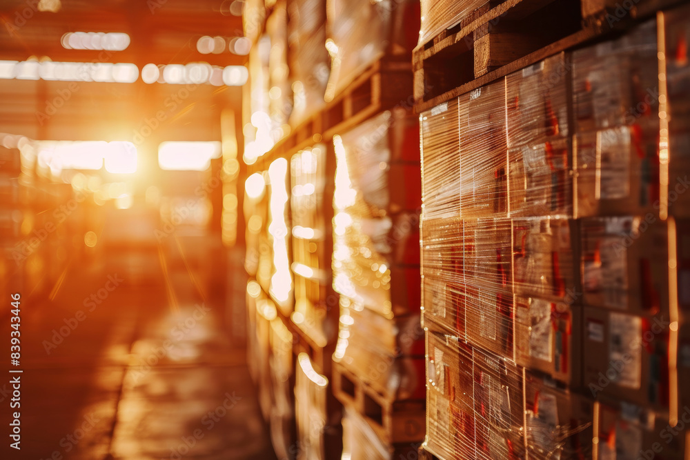 Poster sunset light streaming through the windows of a warehouse, illuminating neatly stacked shelves with 