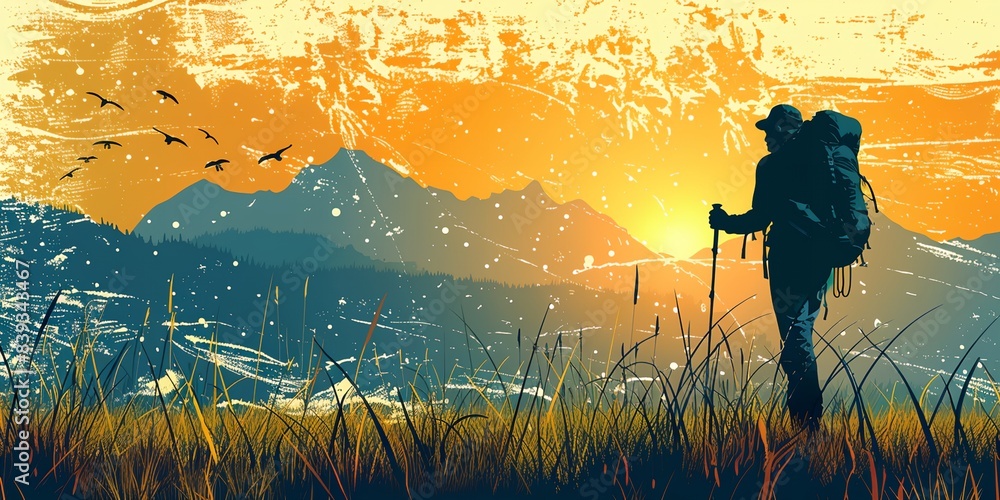 Poster a man with a backpack and a cane is standing in a field with mountains in the background at sunset.