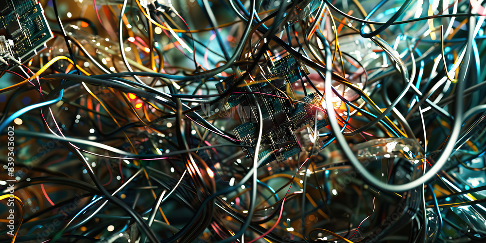 Poster the synthetic substrate: a tangled mess of wires and circuit boards, gleaming against a metallic bac