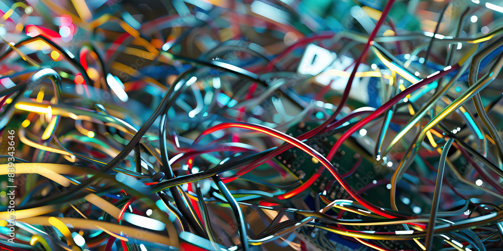 Poster the synthetic substrate: a tangled mess of wires and circuit boards, gleaming against a metallic bac