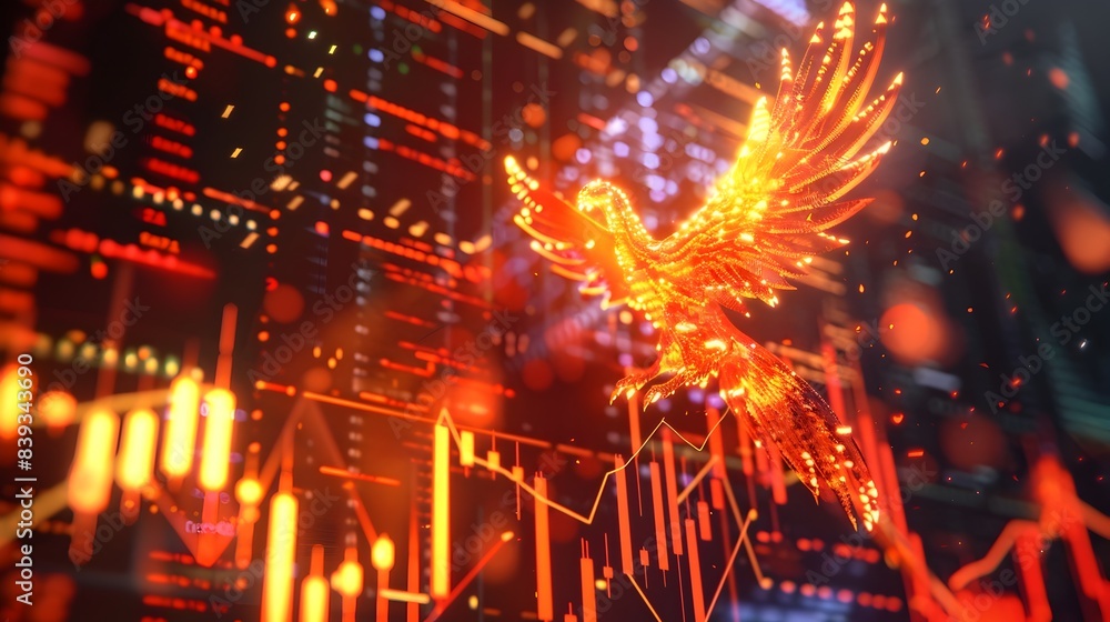 Poster resilient phoenix rising from index graph symbolizing financial recovery